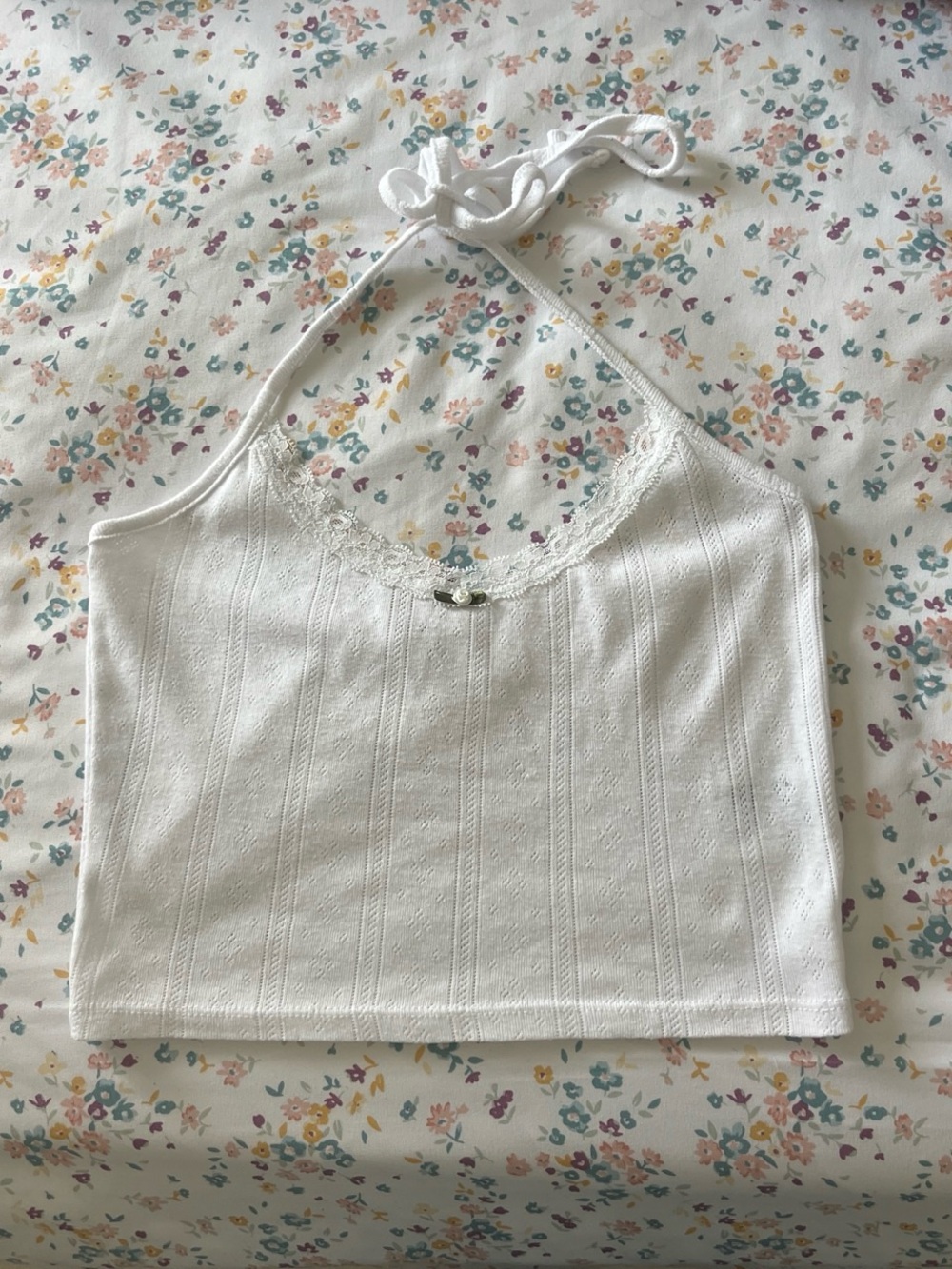 Cotton On White Lace-Trim Halter Crop Top